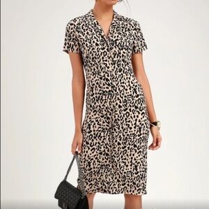 NWOT Lulu’s Ashlyn Taupe Leopard Print Midi Button Down Shirt  Dress size XL